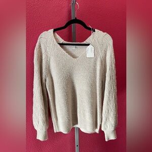 Women's V-Neck Cable-Sleeve Sweater in Light Beige